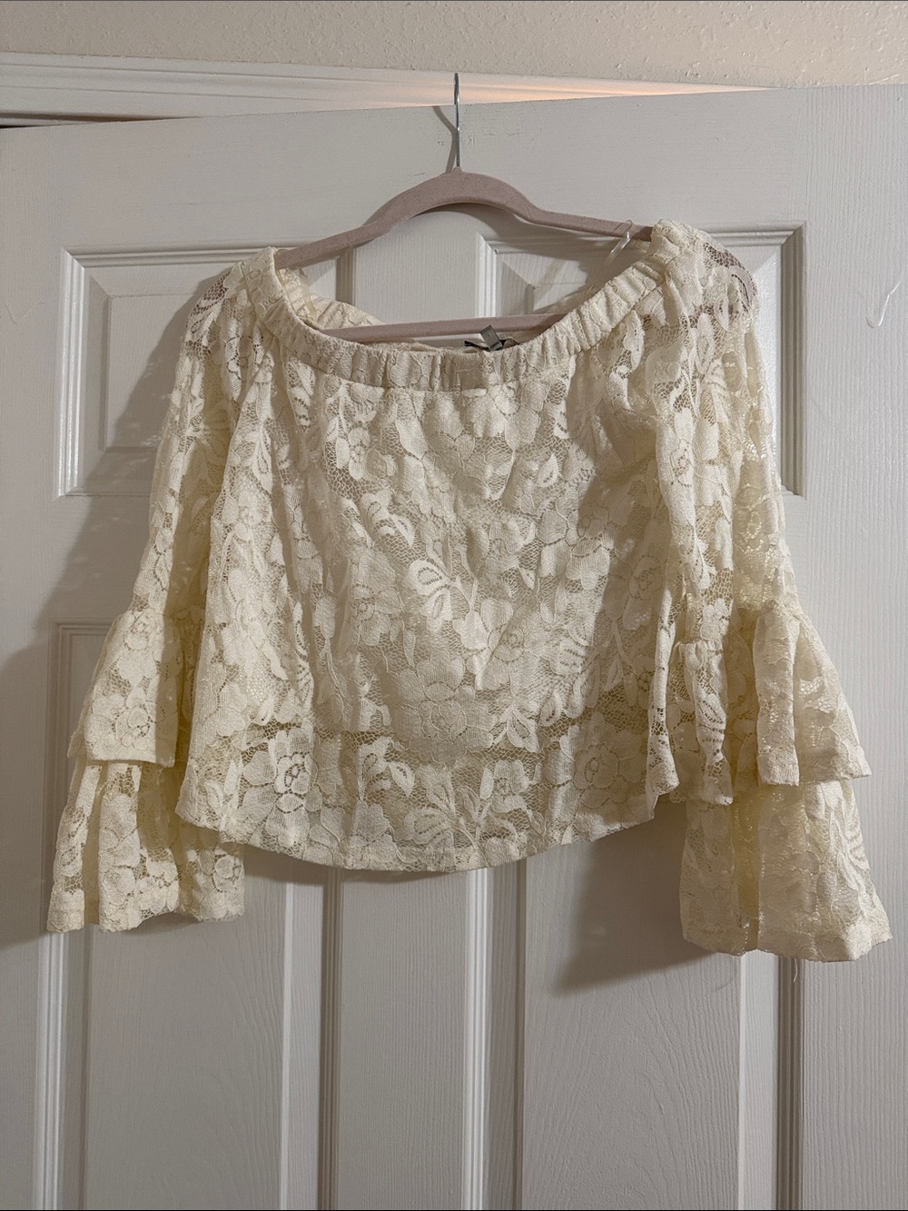 Charlotte Russe Cream Lace Off-Shoulder Ruffle Sleeve Top